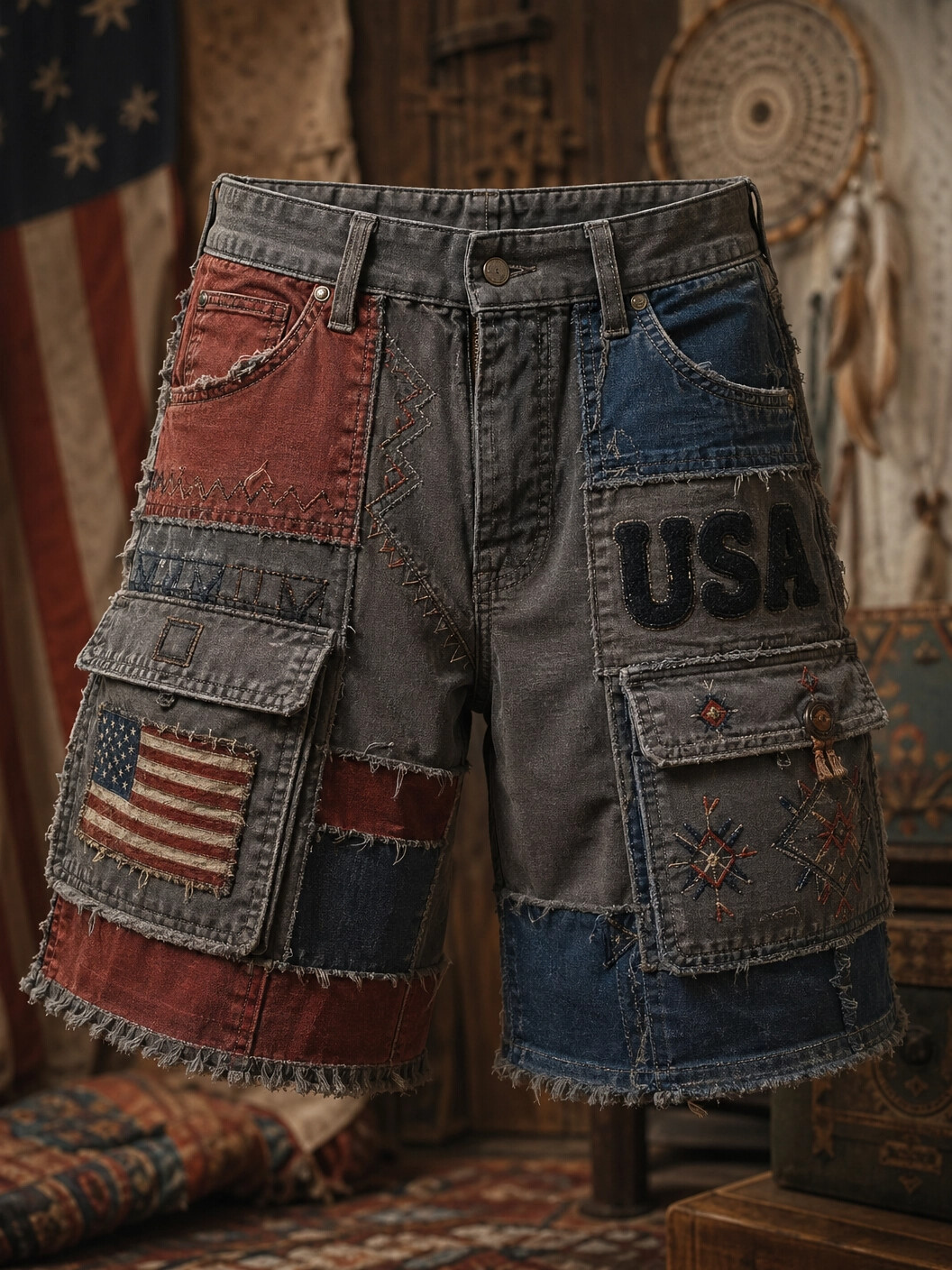 Men's Vintage USA Flag Patchwork Art Print Casual Shorts