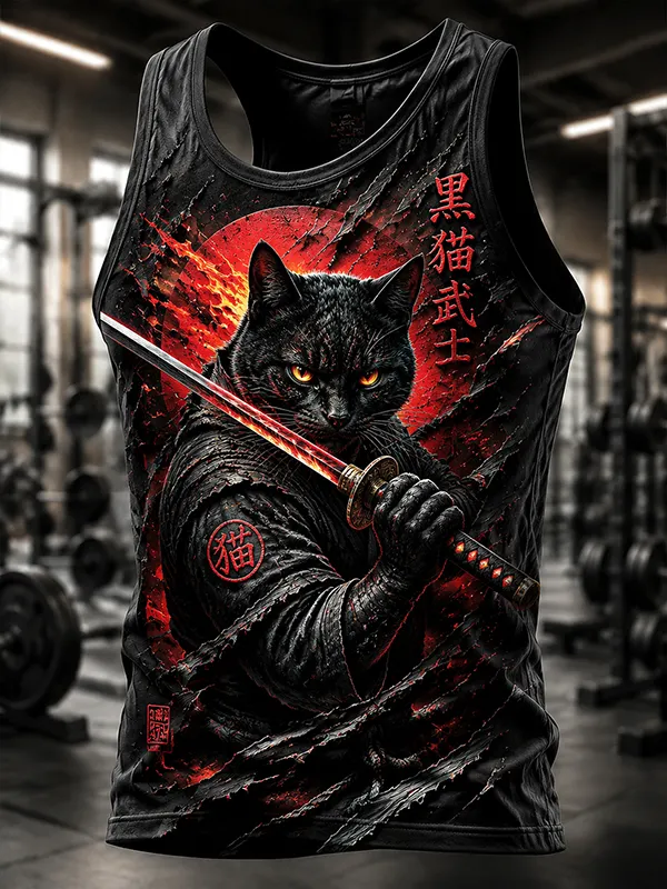 Men's The Heroic Black Cat Samurai Japanese Art Print Tank Top