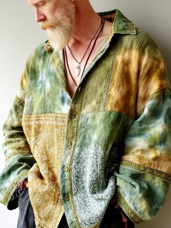 Men's Paisley Tie Dye Colorblock Print Long Sleeve Shirt