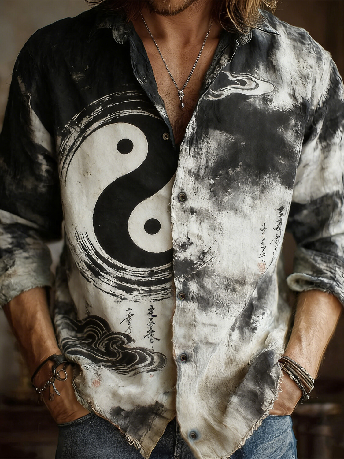Men's Retro Yin Yang Bagua Print Long Sleeve Shirt