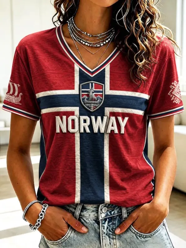 Women's Norway Flag Viking Ship Crest Art Print Casual V Neck T-Shirt