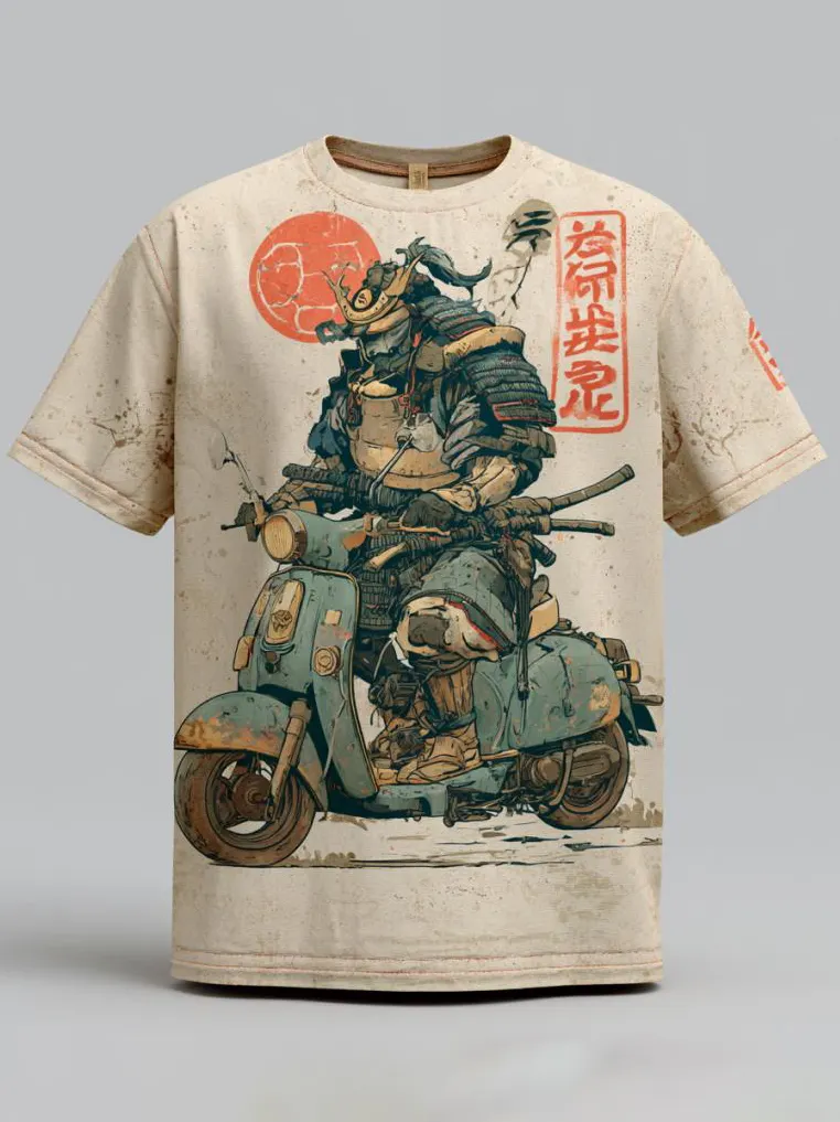 Men's Samurai Riding Vintage Scooter Japanese Ukiyo-E Print T-Shirt