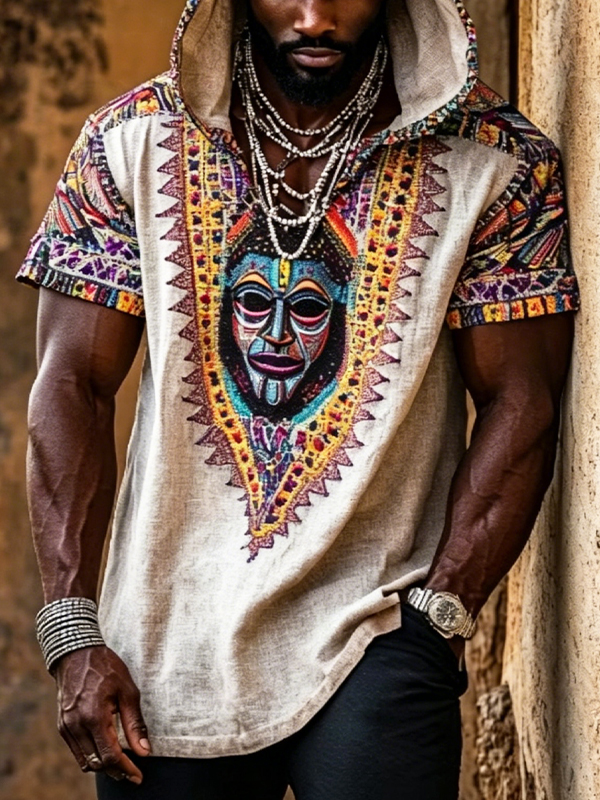 Men's Tribal African Mask Art Print Hooded T-Shirt