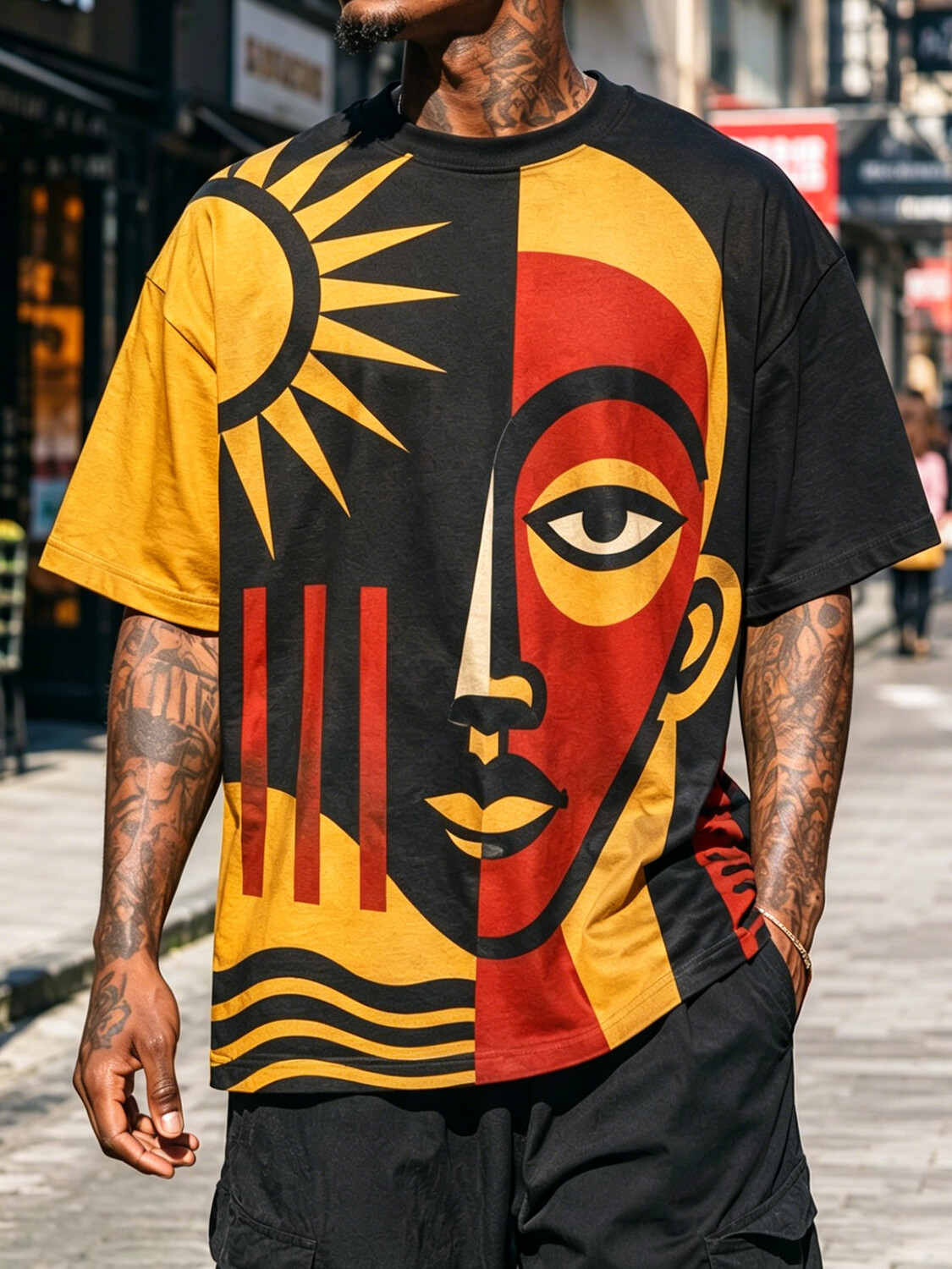 Men's Abstract African Face Sun And Geometric Wave Line Print Drop Shoulder Casual T-Shirt