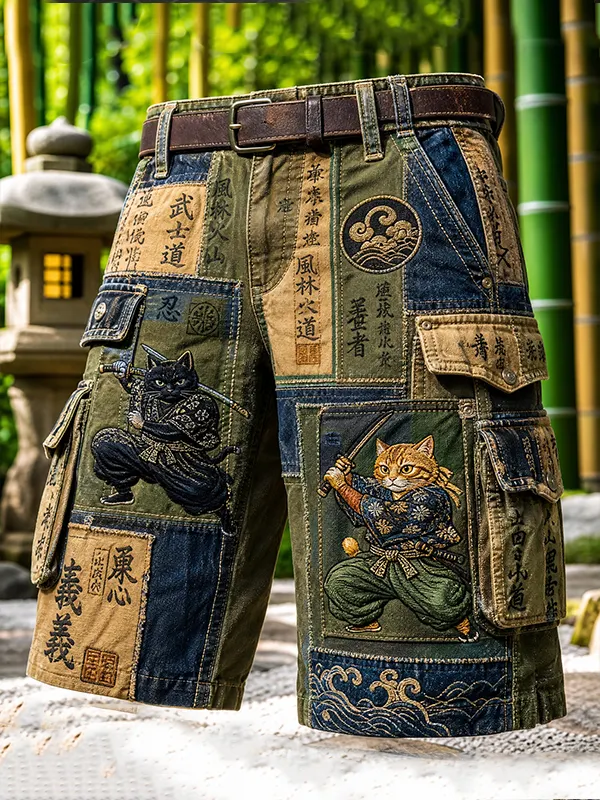 Men's Patchwork Samurai Cat Bushido Art Print Casual Shorts