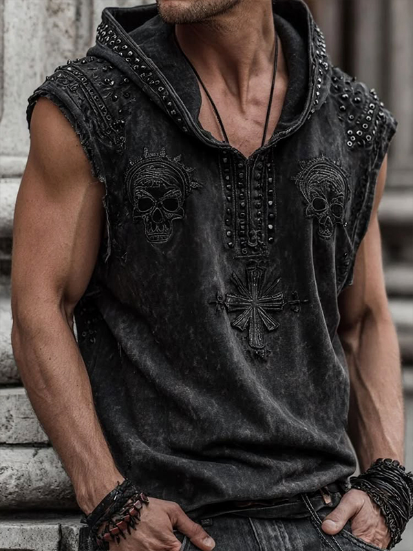 Men's Skull Riveted Cross Art Print Workout Hooded Tank Top