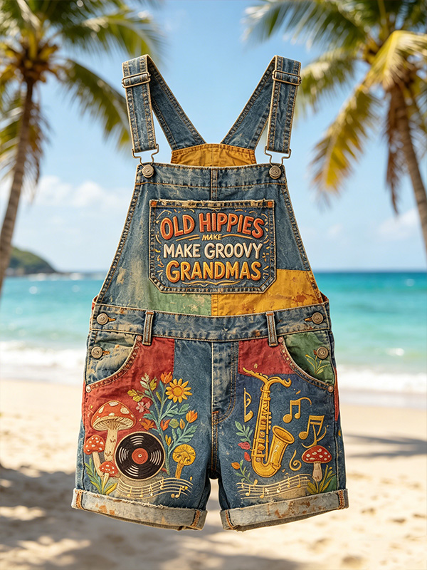 Men's Old Hippies Make Groovy Grandmas Print Shorts Overalls