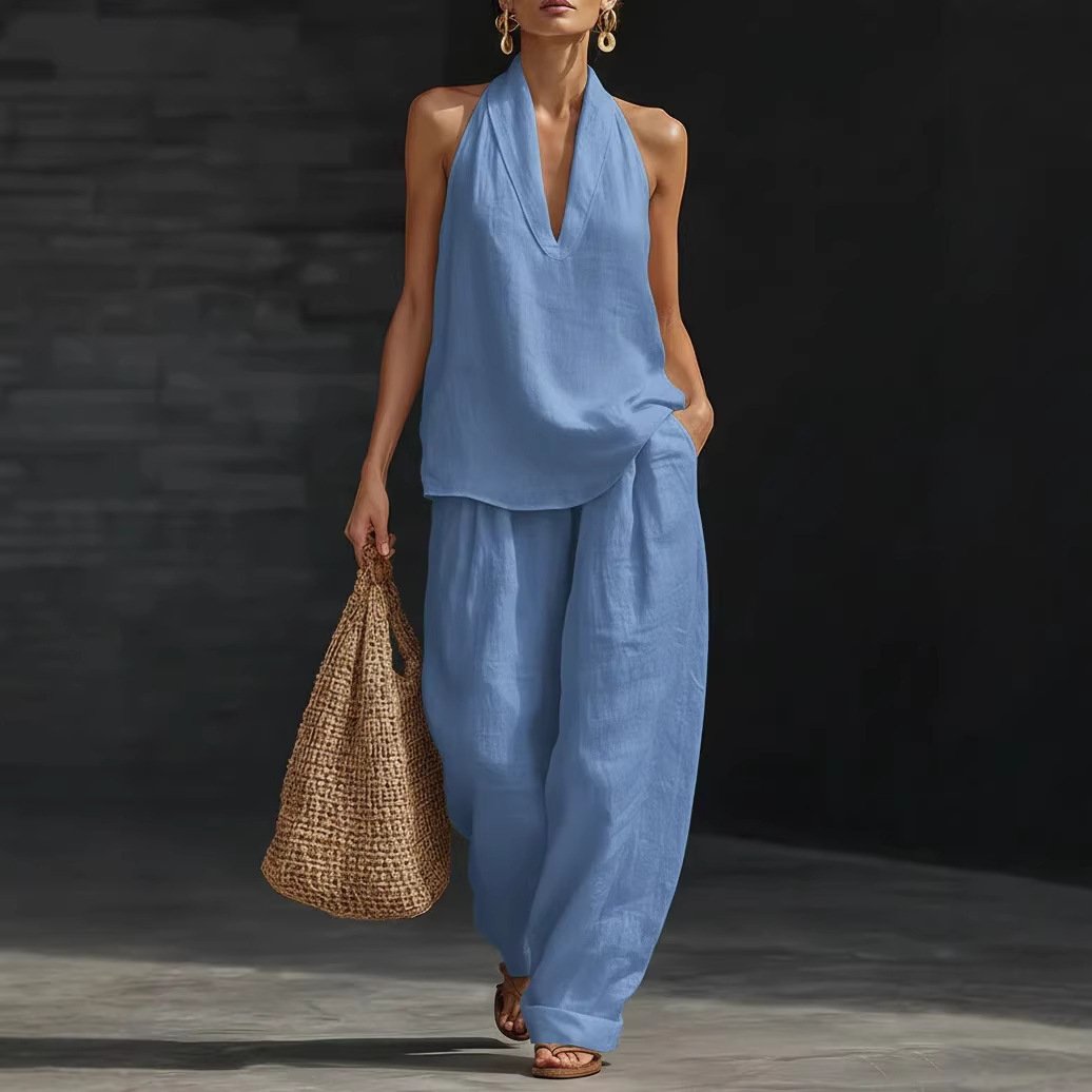 Women's Casual Halter Top & Wide-Leg Pants Set– Halter Top & Wide Leg Pants for Beach & Brunch