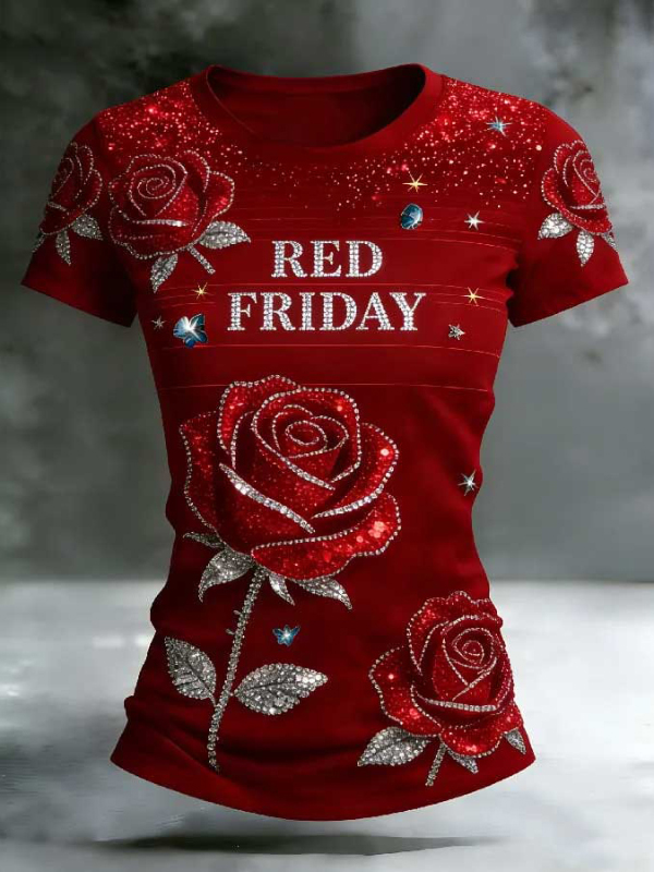 Women's Red Friday Rose Rhinestone Art Print Casual T-Shirt