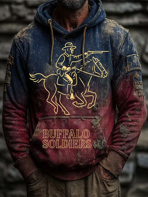 Men's Buffalo Soldiers Cowboy Gradient Art Print Pocket Hoodie