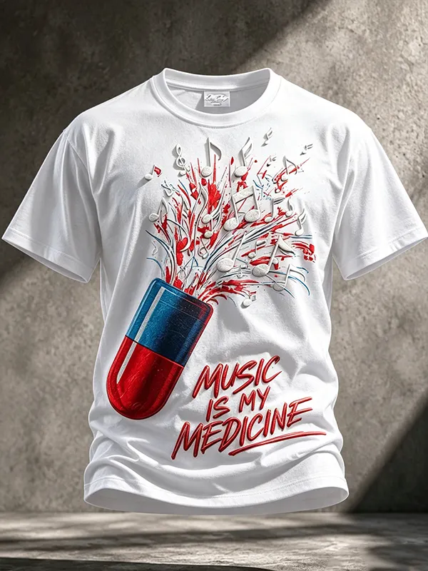 Men's Music is My Medicine Print Cotton Casual T-Shirt