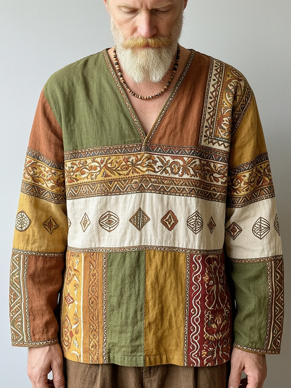 Men's Bohemian Folk Patterns Art Print V Neck Long Sleeve T-Shirt