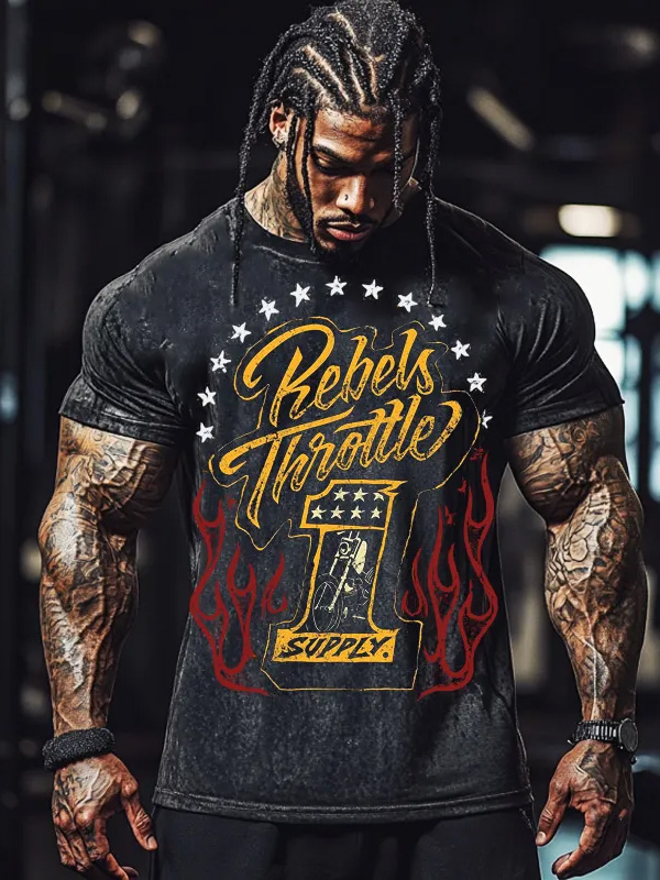 Men's Rebels Throttle Supply Fitness Print Cotton Washed T-Shirt