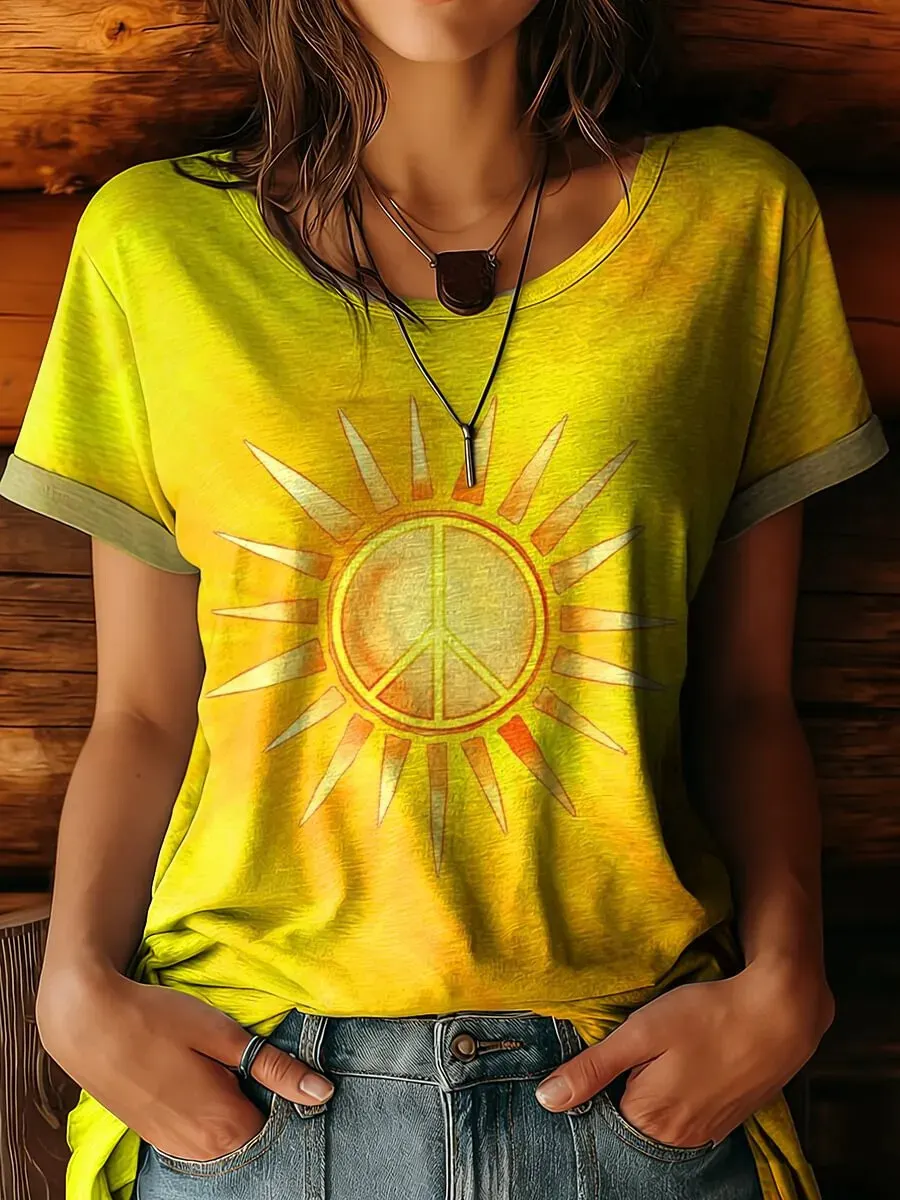 Women's Retro Sunburst Peace Sign Vintage Art Print Casual T-Shirt