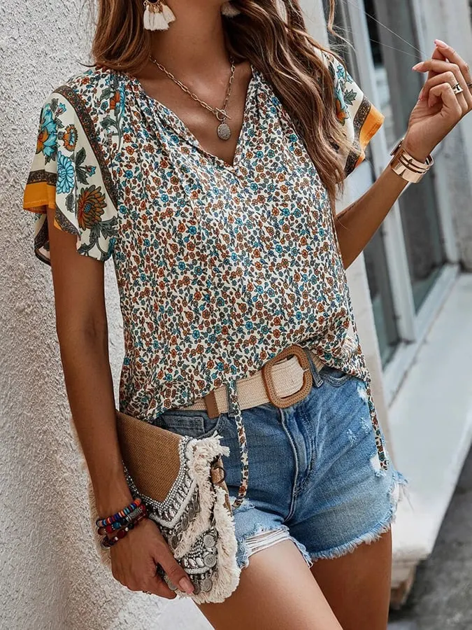Women's Resort Style Bohemian Print V-Neck Short Sleeve Shirt