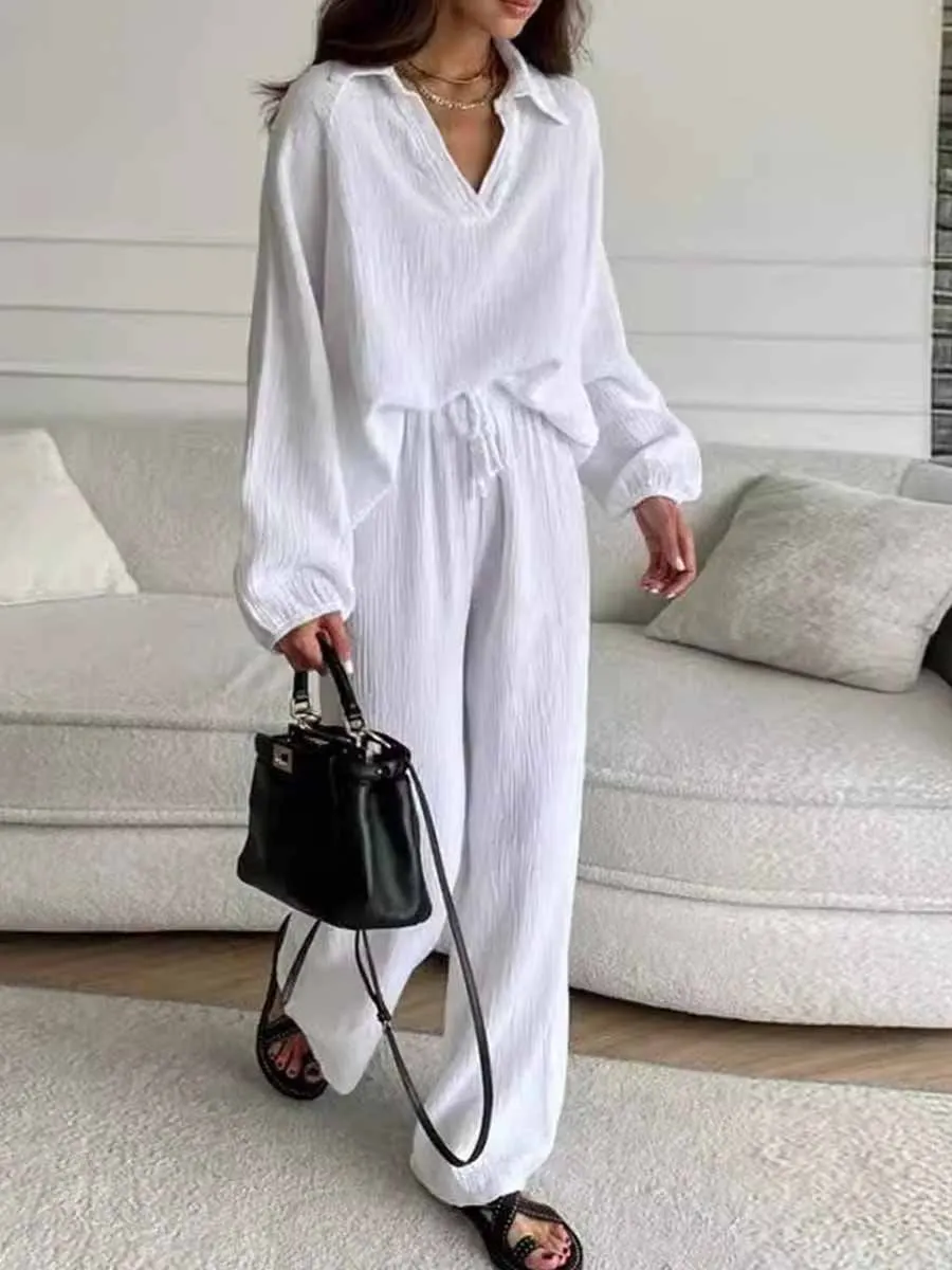 Women's Lapel Long Sleeve Drawstring Pants Casual Cotton Suit