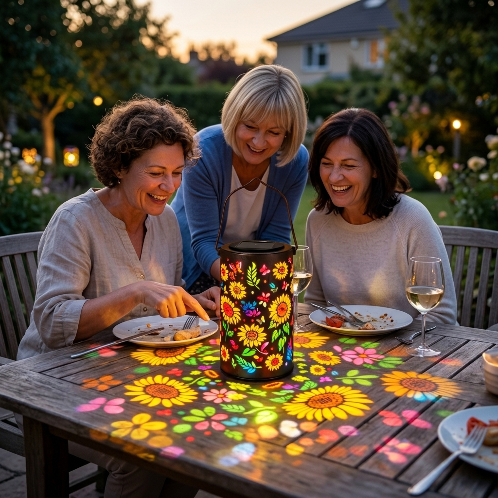 Friends dining beside a Bloomara lantern on a patio table