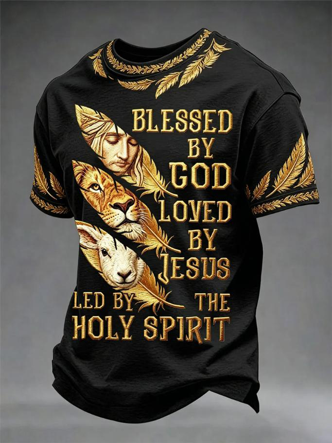 Men's Blessed By God Loved By Jesus Led By The Holly Spirit Print Casual T-Shirt