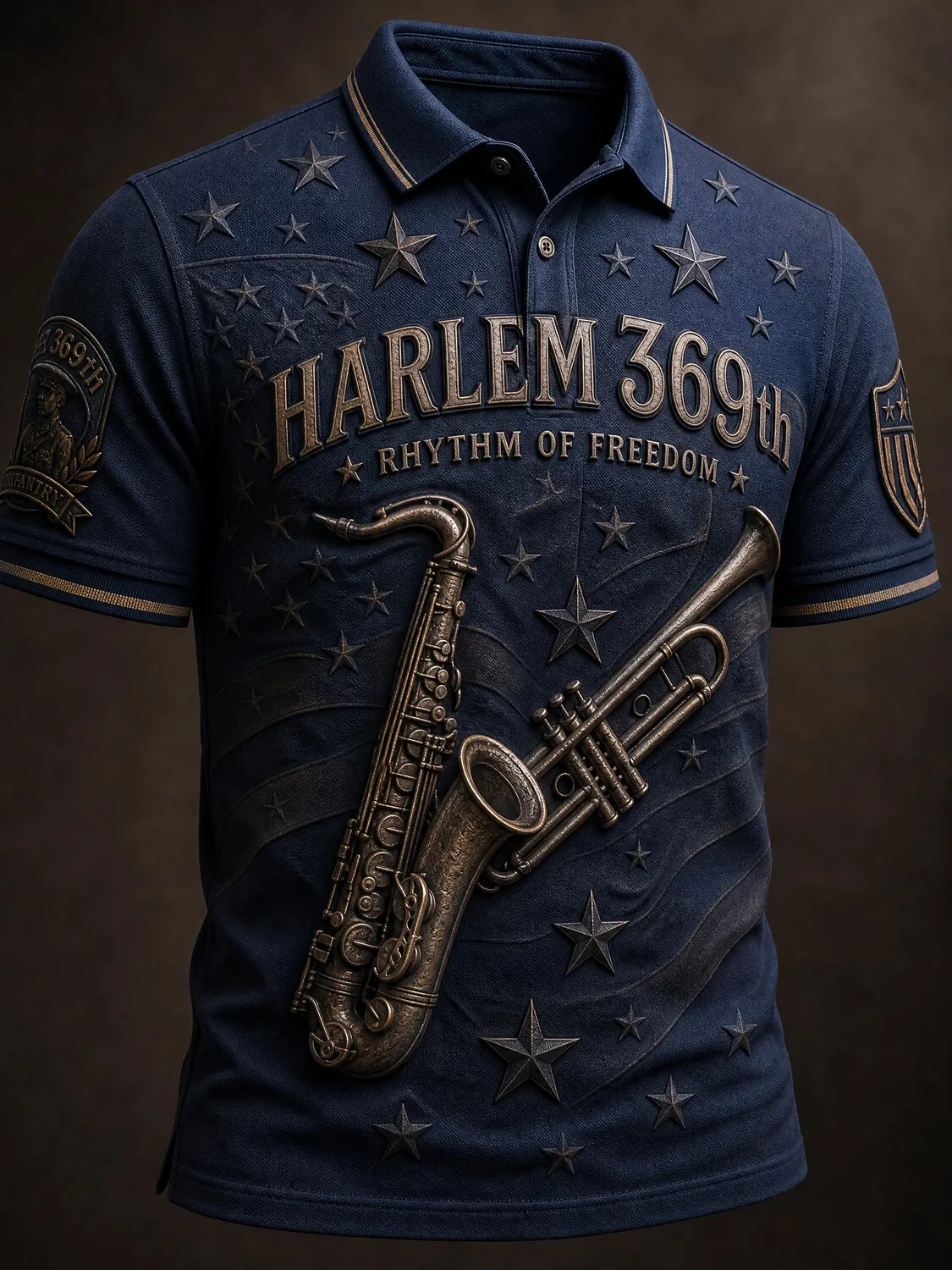 Men's Vintage Bronze Embossed Harlem 369th Jazz Saxophone & Trumpet American Star Flag Print Casual Polo Shirt