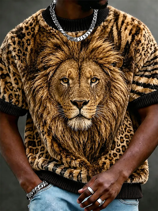 Men's Lion Graphic Leopard Print Casual T-Shirt