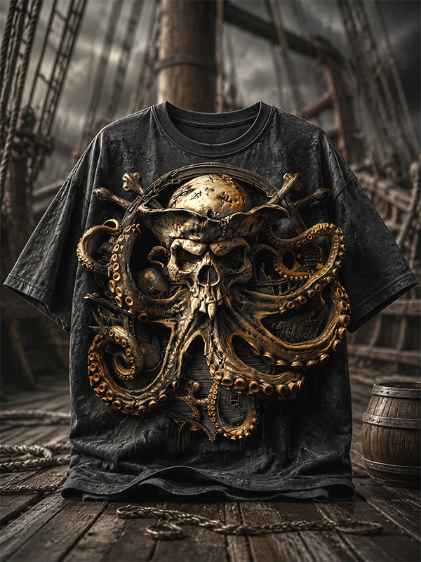Men's Pirate Octopus Kraken Skull Print T-Shirt
