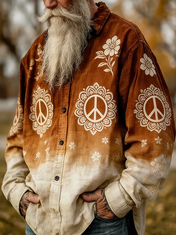 Men's Vintage Gradient Peace Sign Floral Art Print Long Sleeve Shirt