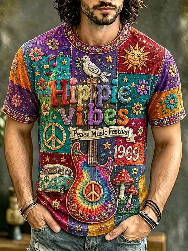 Men's Hippie Vibes White Dove And Guitar Retro Music Patchwork Art Print T-Shirt