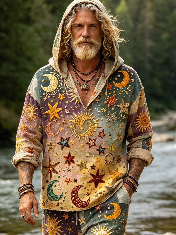 Men's Retro Hippie Art Mysterious Star Sun Moon Print Hooded Shirt