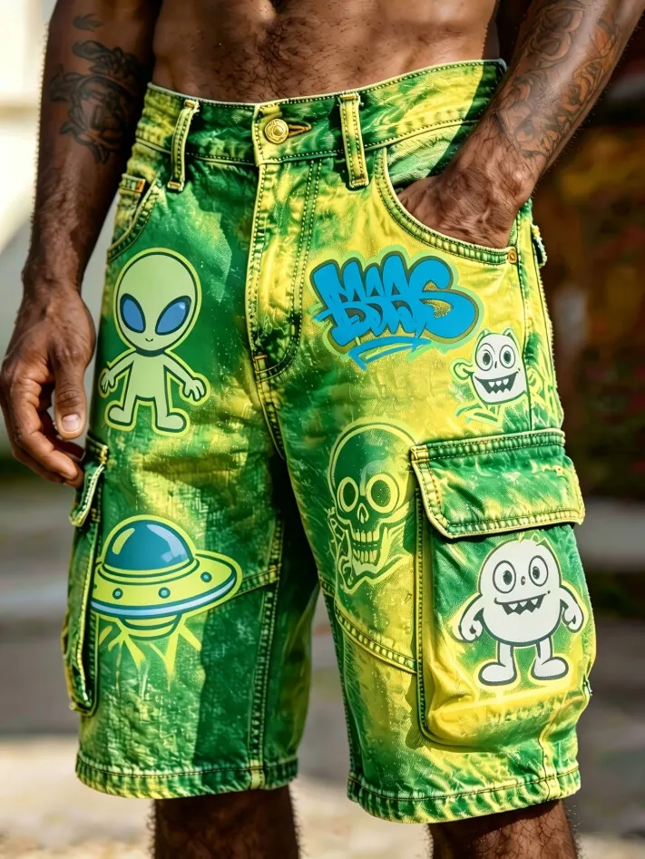 Men's Vintage Tie Dye Alien Ufo Graffiti Print Cargo Shorts