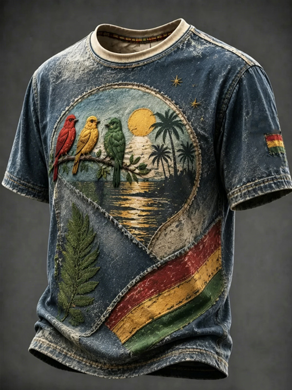 Men's Tropical Birds Palm Tree Sunset Ocean Reggae Color Block Art Print T-Shirt