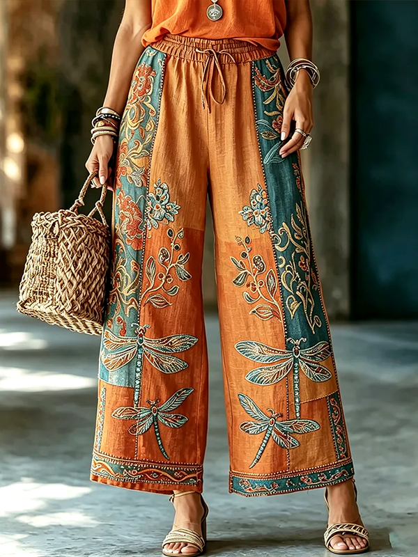 Women's Boho Dragonfly And Flower Patchwork Print Casual Wide Leg Pants