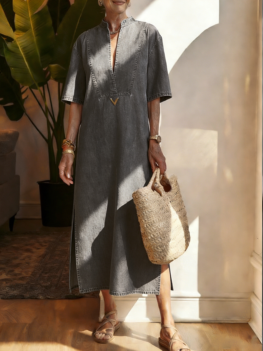 Women's V-neck Denim Cotton Dress