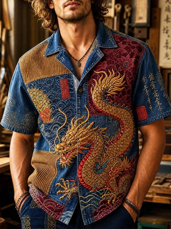Men's Japanese Dragon Fabric Patchwork Art Print Short Sleeve Shirt