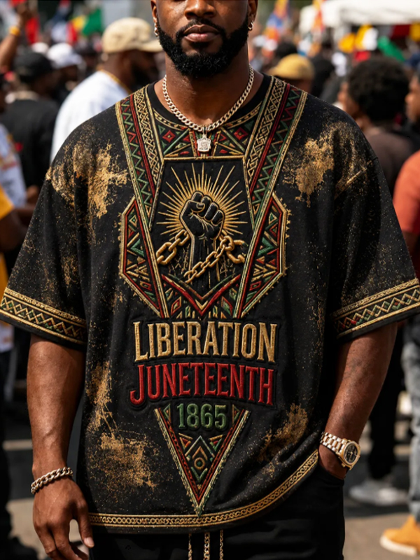 Men's Vintage Wash Juneteenth Liberation Fist Ethnic Art Print Drop Shoulder Casual T-Shirt