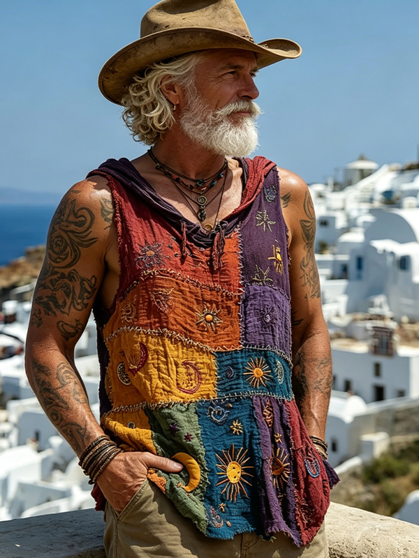 Men's Boho Sun And Moon Patchwork Print Hooded Tank Top