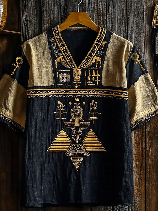 Men's Ancient Egyptian Elements Print Casual V Neck T-Shirt