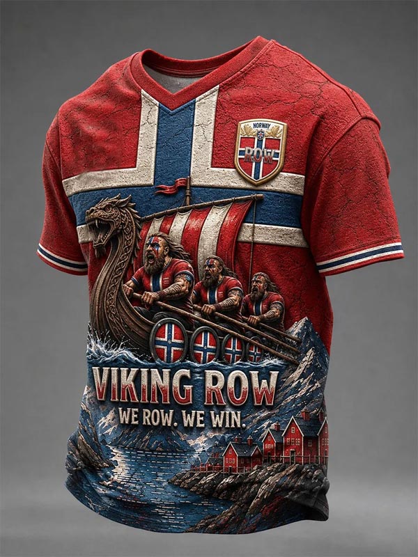 Men's Norway Viking Row Dragon Boat Print V Neck T-Shirt