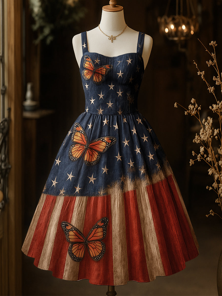 Women's American Flag Butterfly Art Print Cami Midi Dress