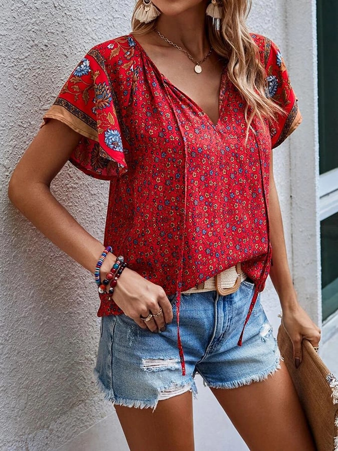 Women's Resort Style Bohemian Print V-Neck Short Sleeve Shirt