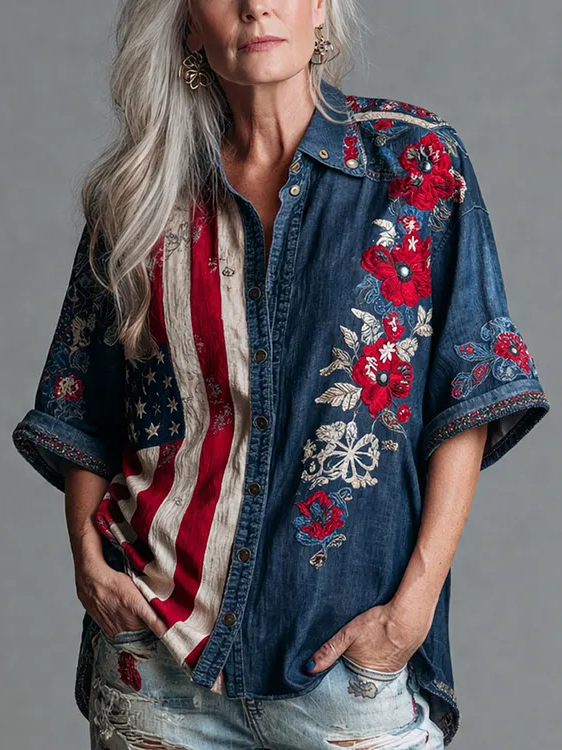 Women's Stars and Stripes Flowers Print Short Sleeve Shirt
