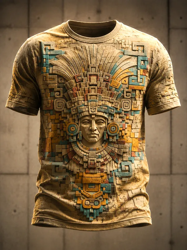 Men's 3D Stone Carving Mayan Aztec Warrior Art Print T-Shirt