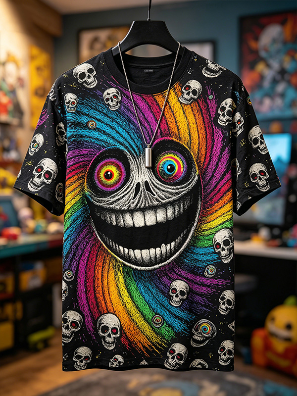 Men's Rainbow Abstract Skull Print Casual T-Shirt