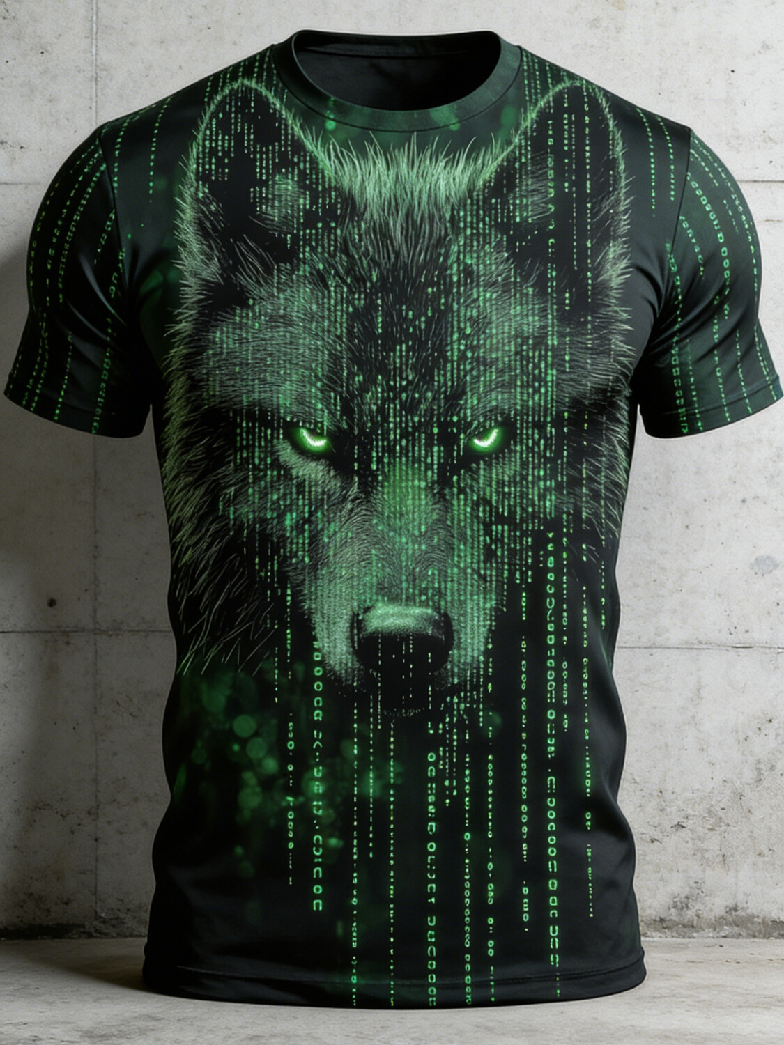 Men's Cyberpunk Green Glowing Wolf Matrix Code Print T-Shirt