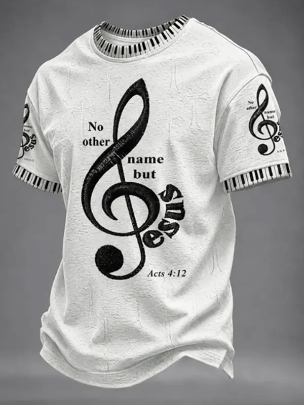 Men's Piano Key Collar Treble Clef Jesus Print T-Shirt