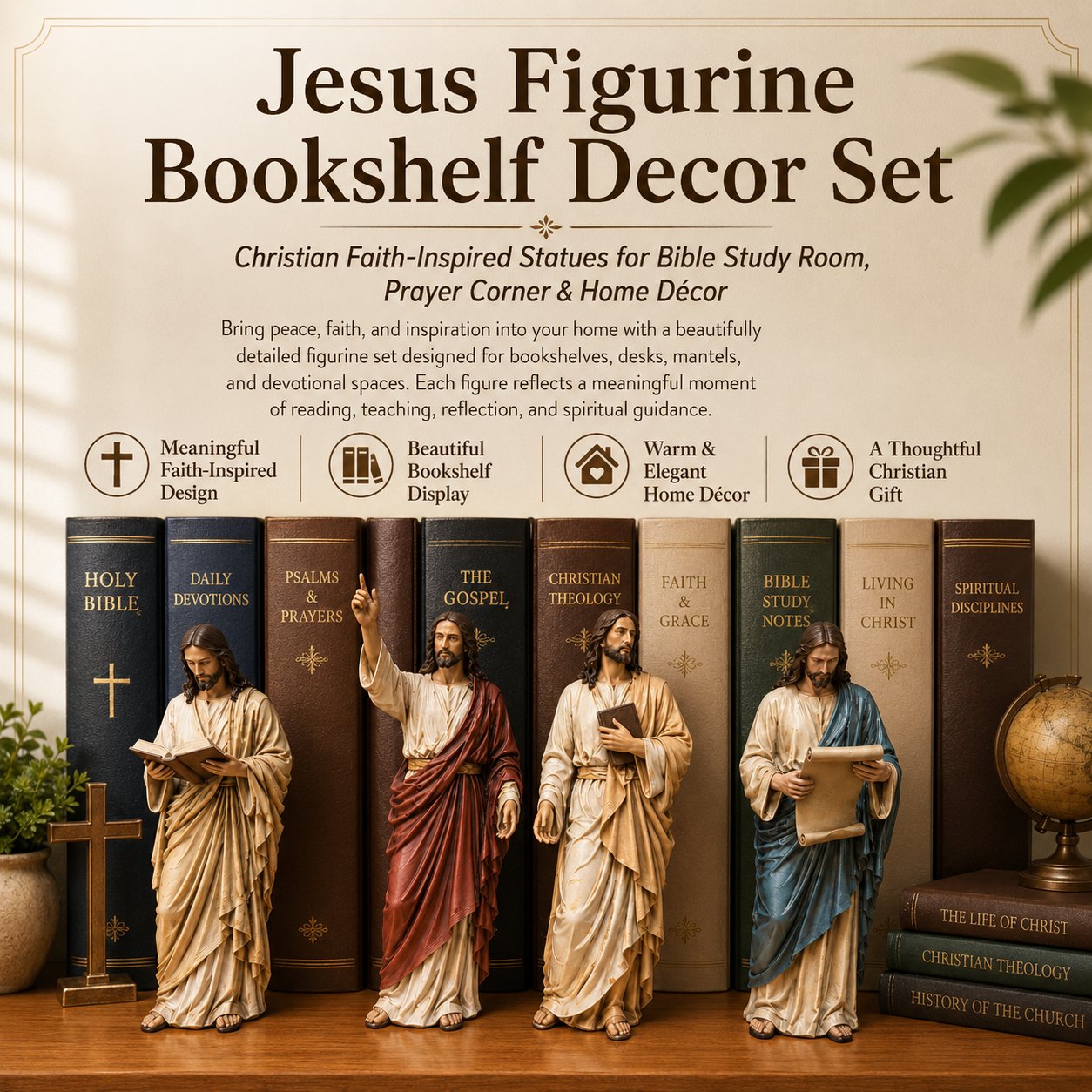 ✝️Jesus Figurine Bookshelf Decor Set🙏Sacred Companions for Your Daily Walk of Faith📚