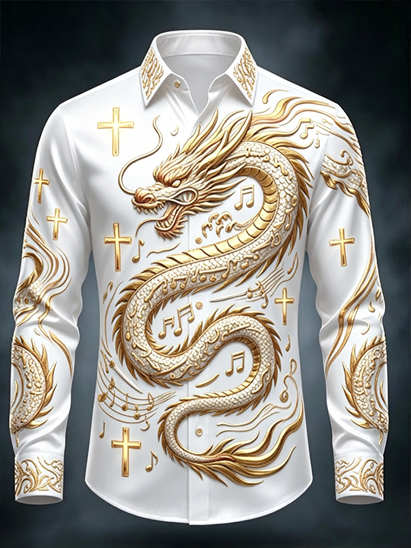 Men's Cross Dragon And Musical Notes Print Long Sleeve Shirt