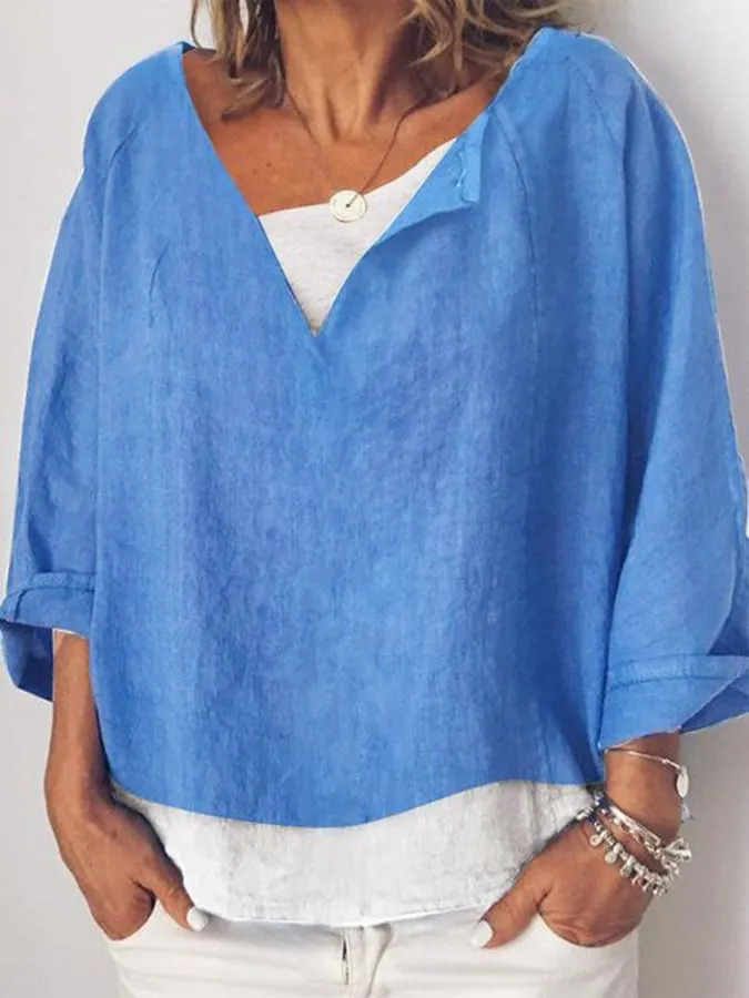 Women's V-Neck Long Sleeve Loose Casual Shirt