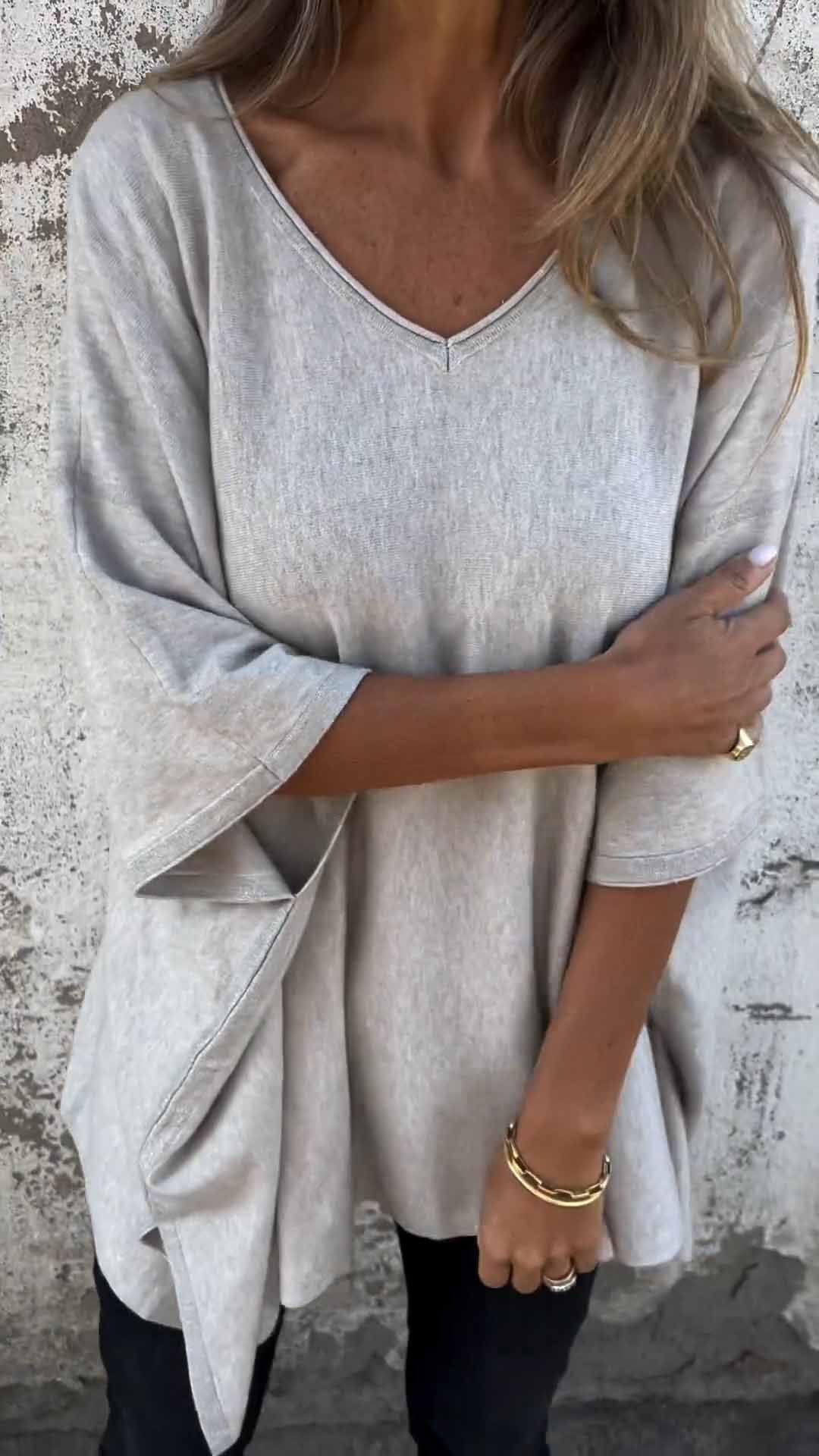 Women's V-neck Solid Color Medium Sleeved Top