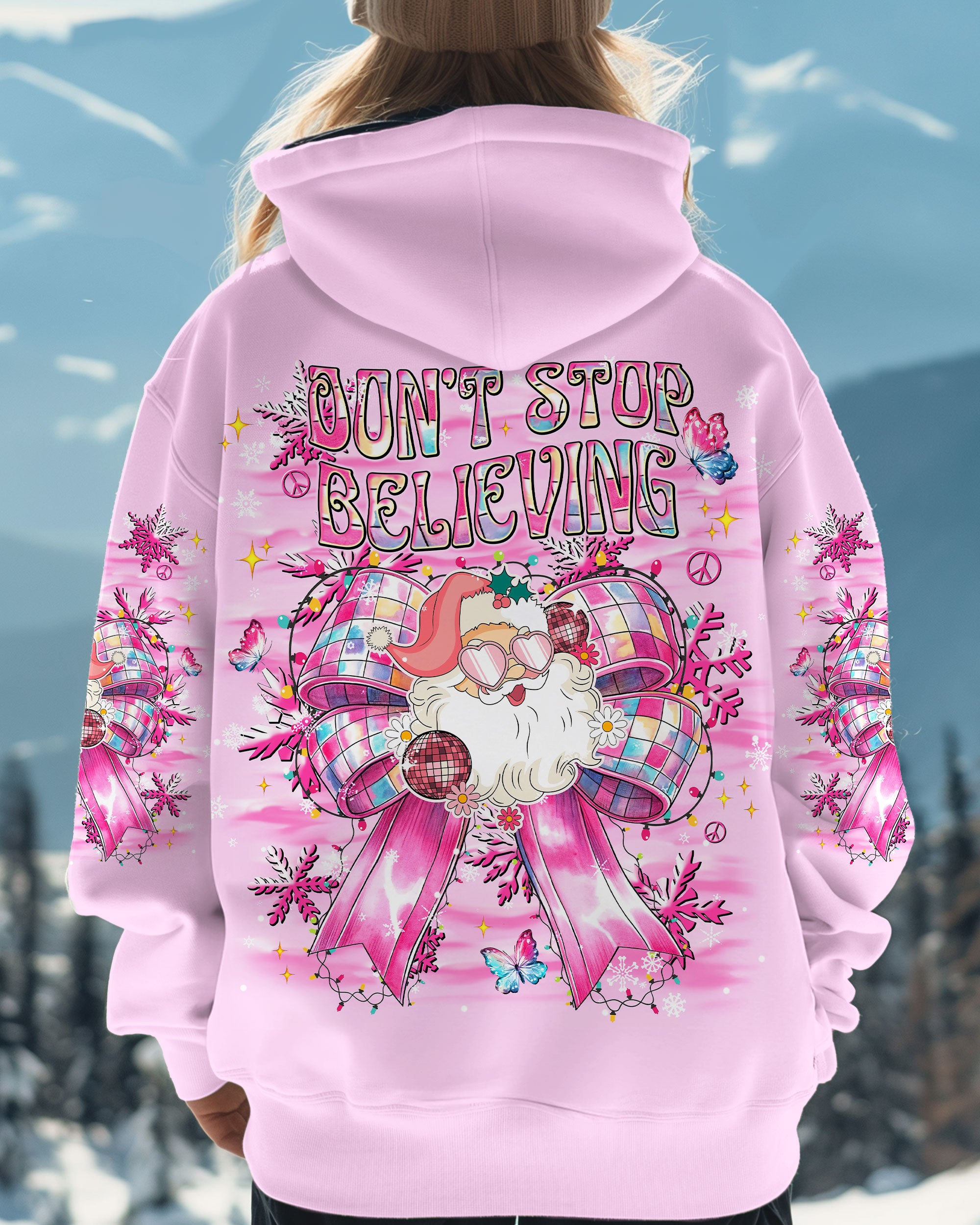 DON'T STOP BELIEVING CHRISTMAS BOW SANTA CLAUS ALL OVER PRINT  - TLNT1211245