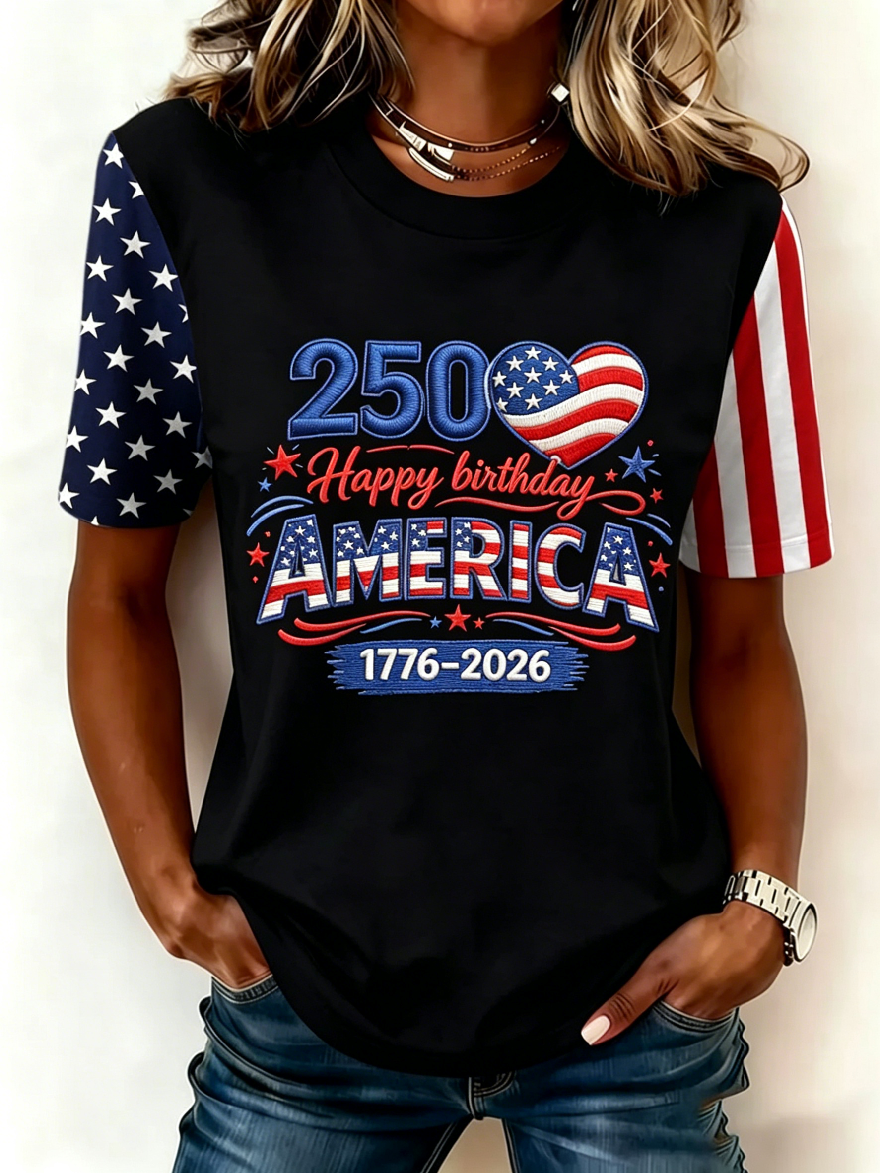 Women’s 250th Independence Day Flag Sleeve T-Shirt, Patriotic “Happy Birthday America” Print Tee
